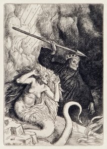 Sin and Death at the Gates of Hell from Paradise Lost od Johna Miltona (1608-1674) série 12 ilustrací vyleptaných Williamem Strangem (1859-1921)